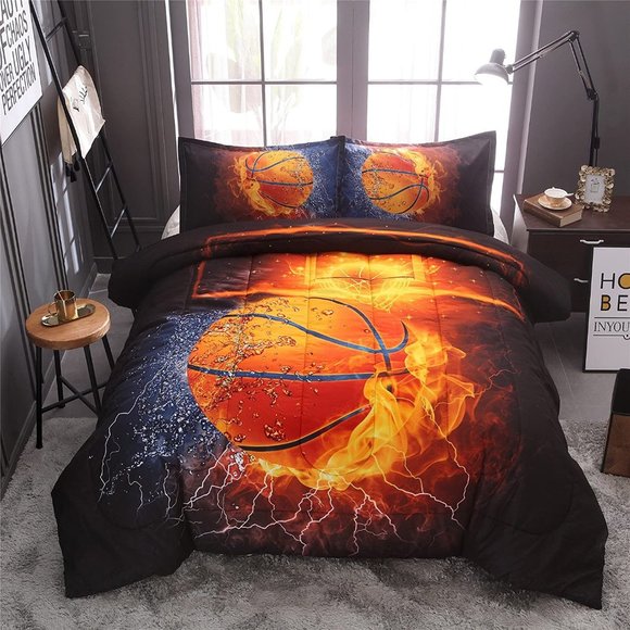 New Basketball Print,with Fire and Ice Pattern, Comforter Quilt Set Bedding Sets - Picture 1 of 6